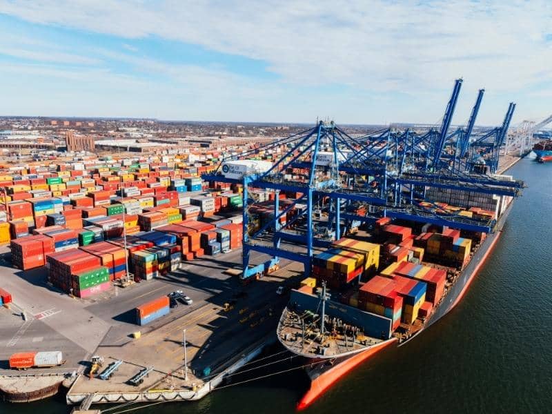 Container terminal and shipping facilities illustrating decades of industrial and freight development