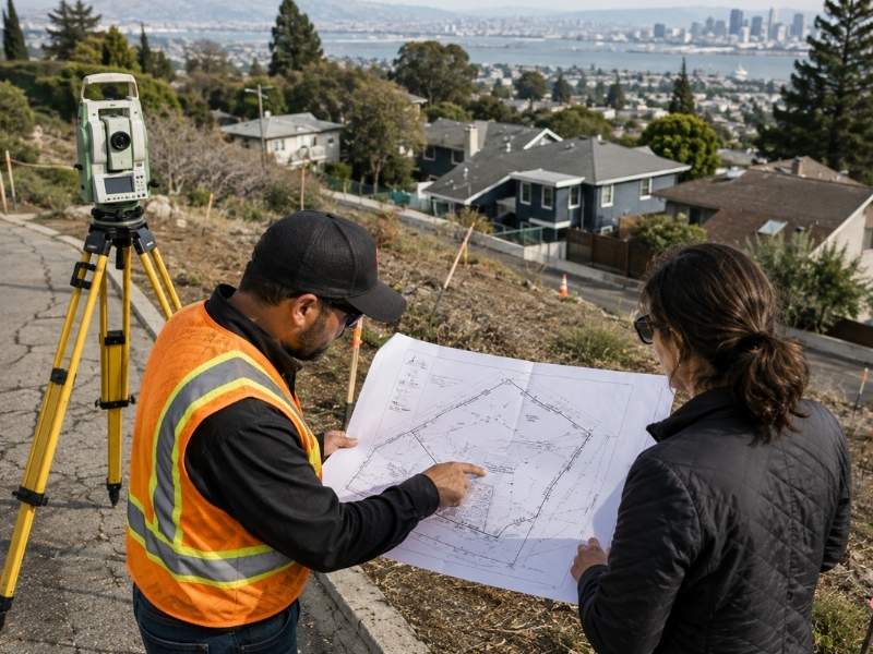 Boundary surveying in Oakland CA showing surveyors reviewing an irregular hillside parcel with multiple corners and uneven property lines.
