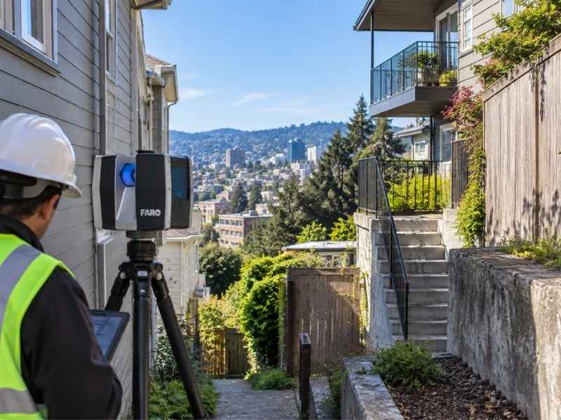 LiDAR Mapping Complex Urban Property Oakland California | Oakland Land Surveying LiDAR mapping survey of a complex urban property with sloped terrain, retaining walls, stairs, and closely spaced buildings in Oakland California.
